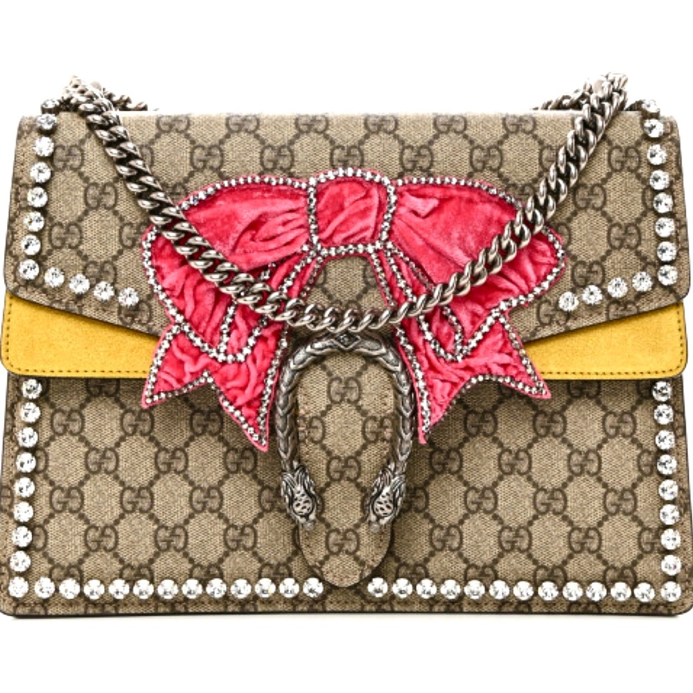 🆕🩷GUCCI GG Supreme Monogram Crystal Bow Embroidered Small Dionysus Shoulder Bag